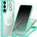 CENHUFO Magnetic Privacy for Samsung Galaxy S25 Case, Full Body Phone Case with Built-in 9H Tempered Glass Privacy Screen Protector and Camera Lens Cover, Shockproof Protective Clear Bumper -Green