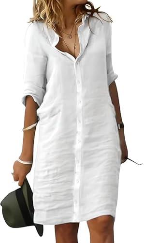Fronage Women's Summer Midi Shirt Dresses Button Down 1/2 Sleeve Lapel Casual Cotton Linen Dress L