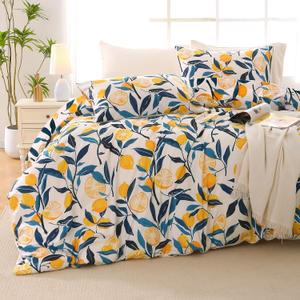 MUXHOMO Lemon Blossom Bed in a Bag Queen 7 Pieces, Queen Comforter Set Reversible Botanical Flowers Design, Ultra Soft & Breathable Bedding Sets with Comforter, Sheets, Pillowcases & Shams