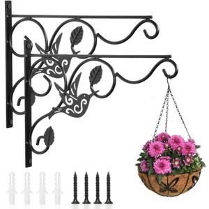 Vumdua Hanging Plants Bracket, 2 Pack 12 inch Wall Planter Hook with Iron Screws Included, Decorative Plant Hanger for Bird Feeders, Wind Chimes Indoor, Flower Pot, Lantern, Outdoor Indoor Patio Decor,  2 Pack, Black