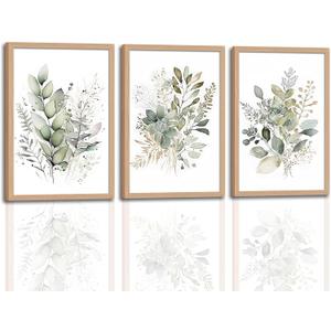 3Pcs Framed Sage Green Botanical Wall Art, Watercolor Canvas Prints Modern Green Plant White Floral Decor for Bedroom Living Room Bathroom Nursery, Ready to Hang wooden frame 12x16In