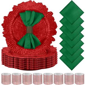 Tanlade 72 Pcs Christmas Charger Plates Set Bulk 24 Pcs 13'' Floral Reef Plates, Napkin Rings and Cloth Napkins Plastic Dinner Chargers Set for Table Setting Wedding Party(Red, Green)
