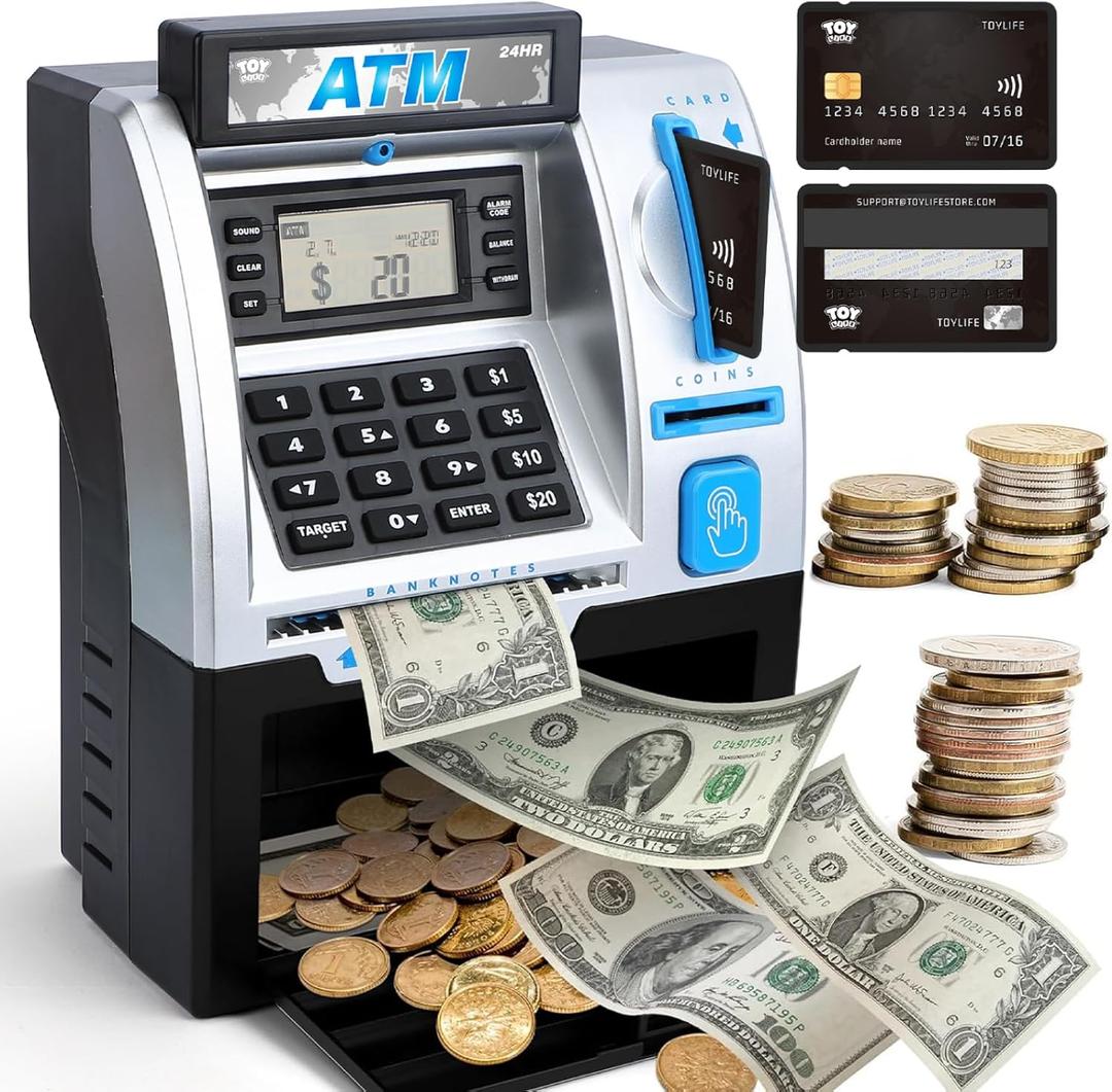 Kids Bank ATM Piggy Bank for Kids - Electronic Digital Money Counter with Code Lock - Mini ATM Machine for Real Money - Smart Savings Bank with LCD Display (Black)