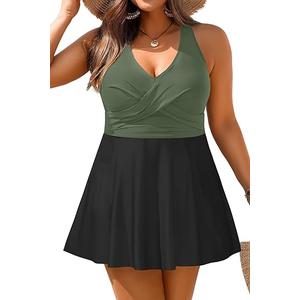 Plus Size Tankini Swimsuit - Two Piece Swimsuit Dress Tummy Control Swimwear 2025 Cross Back Bathing Suit (Olive Green), 14Plus
