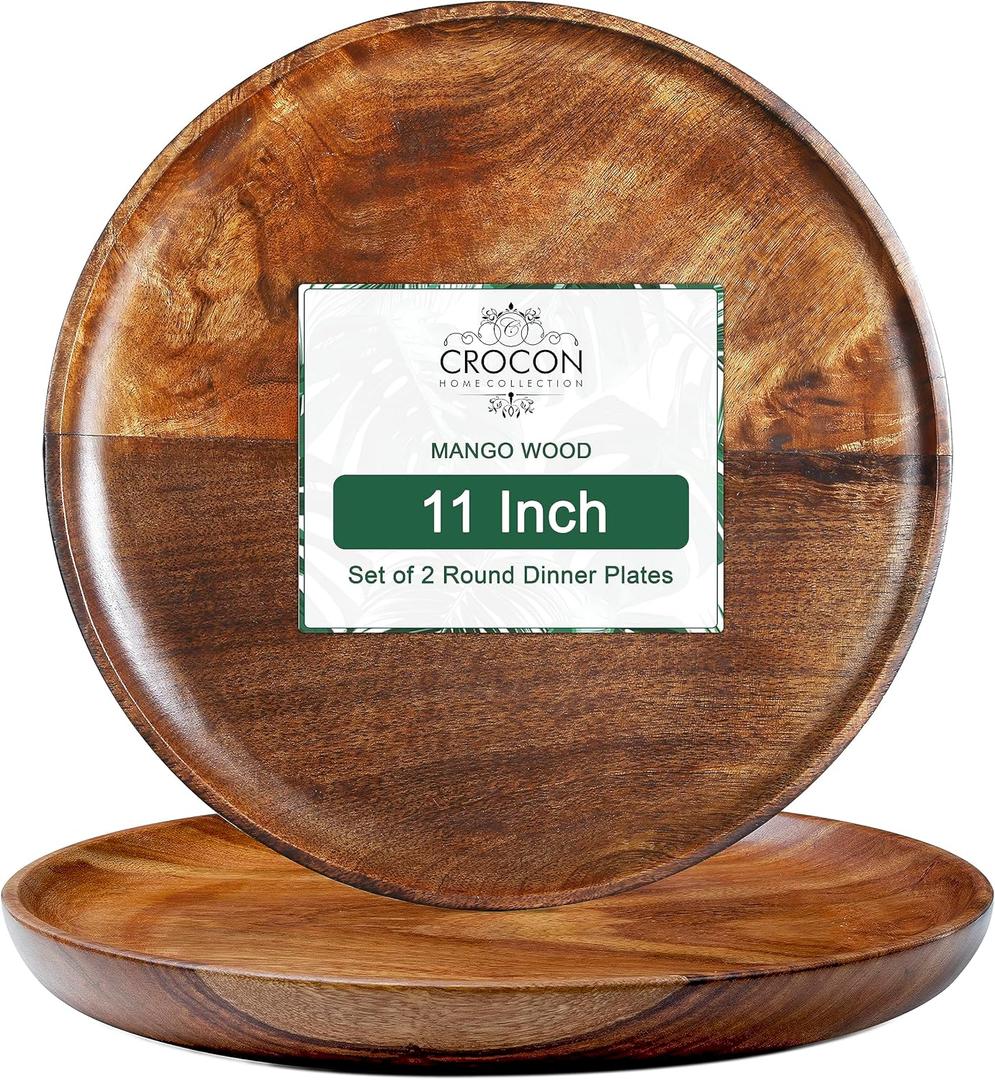 Mango Wood Dinner Plates, Round Serving Plate Set of 2, Cheese and Coffee Tea Serving Tray, Fruit Platters for Party Dinner, Wood Plates for Snacks and Dessert, 11 Inch