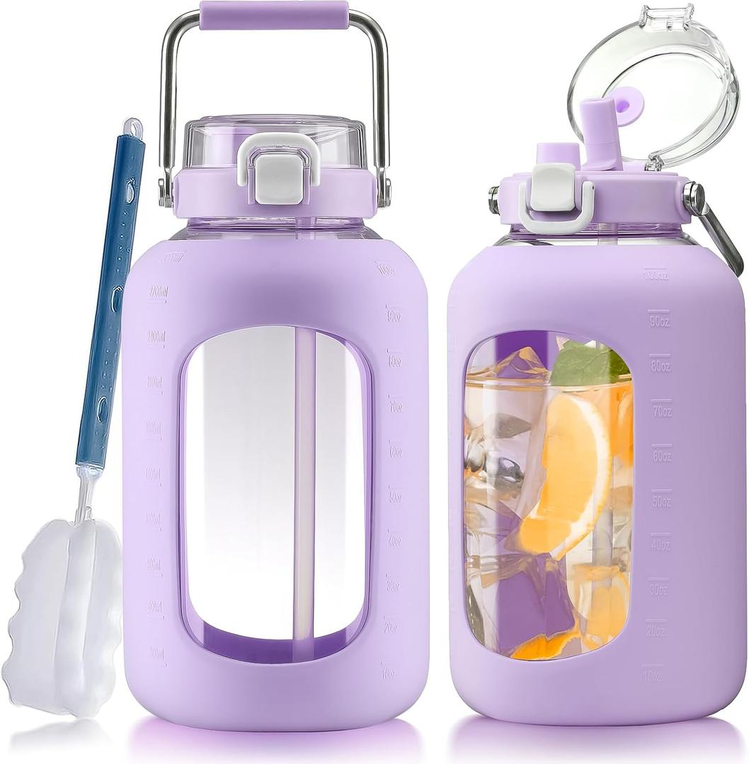 Large Glass Water Bottles with Stainless Steel Handle,100 oz Gallon Drinking Bottle with 2-in-1 Straw Lid,3 Liter Glass Water Jug with Silicone Sleeve,Wide Mouth,Purple