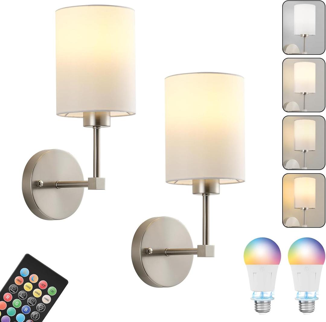 Battery Operated Wall Sconce Set of Two,Wireless Rechargeable Wall Light With Remote Control, Dimmable, 1800K/3000K/4000K/6000K/RGB, Timer, for Living Room, Bedroom, Fireplace, TV, 13.5 Inch, Nickel