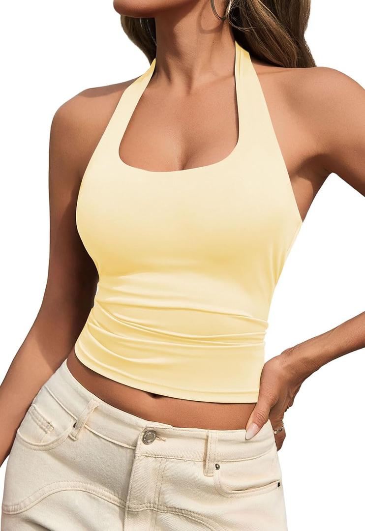 Womens Tank Tops Sexy Halter Neck Going Out Tops Summer 2026 Trendy Backless Workout Shirts Sleeveless Y2k Clothes (Yellow, M)