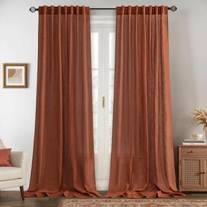 MIULEE Linen Curtains 90 Inch Length for Living Room 2 Panels, Burnt Orange Rust Rod Pocket Back Tab Light Filtering Semi Sheer Soft Linen Window Fall Drapes Farmhouse Curtains for Bedroom