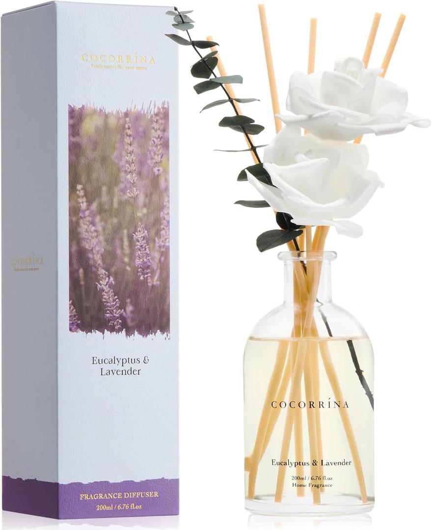 COCORRNA Reed Diffuser - Eucalyptus Lavender Scent, 6.76 fl oz Essential Oil with 8 Reed Sticks - Home Fragrance for Bedroom Bathroom Shelf Dcor (6.76 Ounce/1 pack)