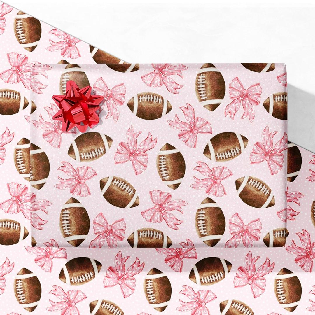 GIOLNIAY Football Wrapping Paper for Kids Adults - Holiday Gift Wrap with Pink Paper, Footballs and Red Bows - 4 Jumbo Sheets, 28" x 40" Each (32 sq. ft ttl), Easy to Store