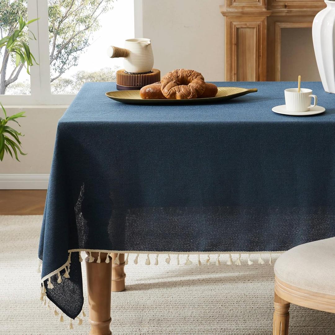 Linen Tablecloth with Tassels, Farmhouse Style Navy Tablecloth, Water Resistant Burlap Tablecloths for Rectangle Table, 60x104 Inch Navy