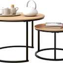Industrial Round Coffee Table Set of 2 End Table for Living Room,Stacking Side Tables, Sturdy and Easy Assembly,Wood Look Accent Furniture with Metal Frame,Black+Teak OAKDK (Large, Bk+oakdk)