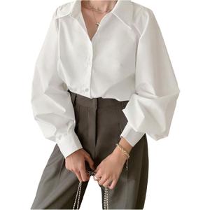GORGLITTER Women's Oversized Button Down Shirts Casual Dressy Bishop Long Sleeve Shirt Business Office Formal Tops (White, M)