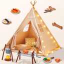 Teepee Tent for Kids with BBQ Pretend Play Toys, Spacious 60” Kids Play Tent Indoor & Outdoor, Foldable Playhouse with Mat & Star Lights, Washable Camping Toys Gift for Boys & Girls Ages 3–8