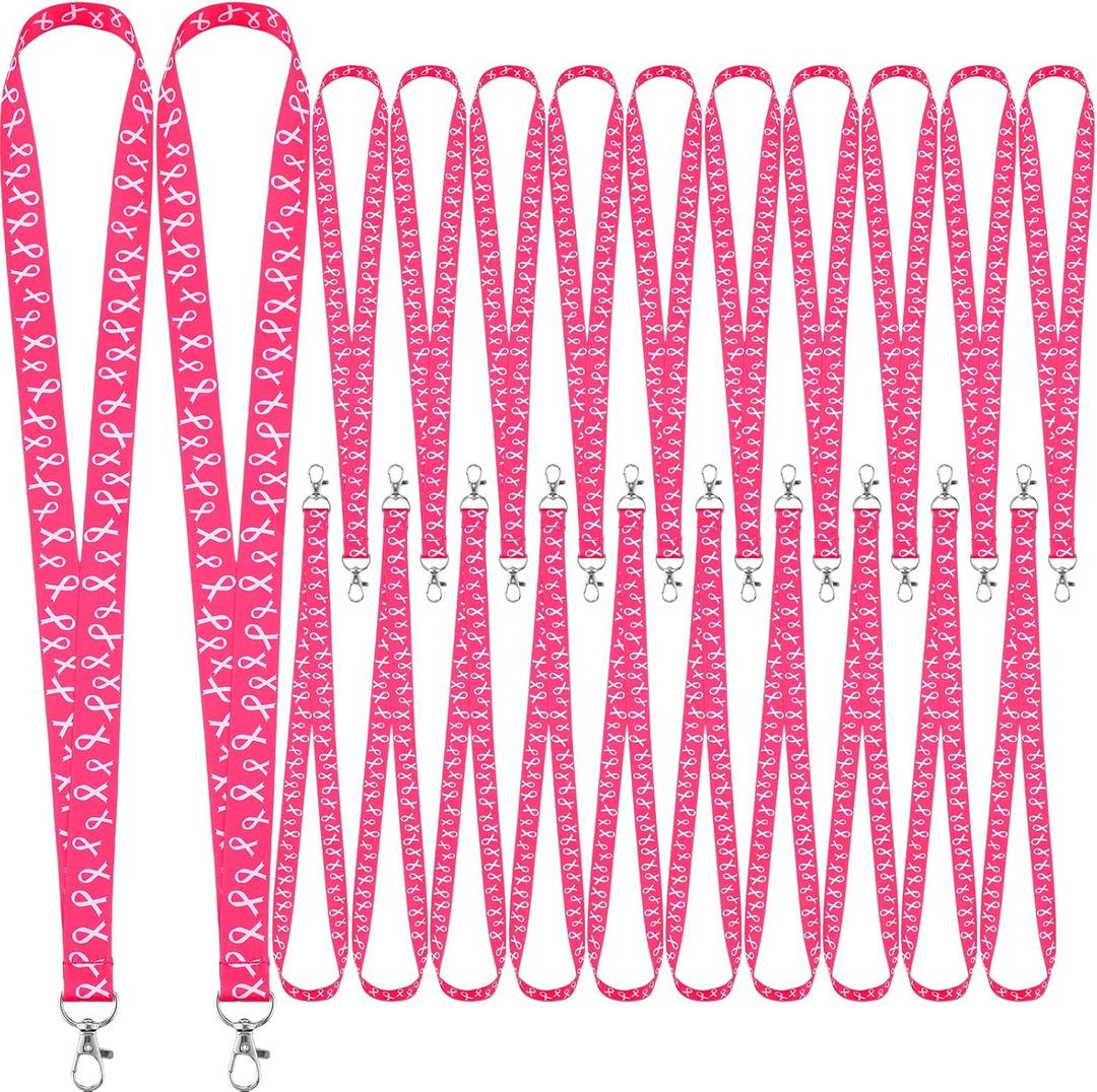 Berlune 100 Pcs Breast Cancer Pink Ribbon Lanyards Breast Cancer Awareness Neck Lanyards with Badge Clip for Men Women