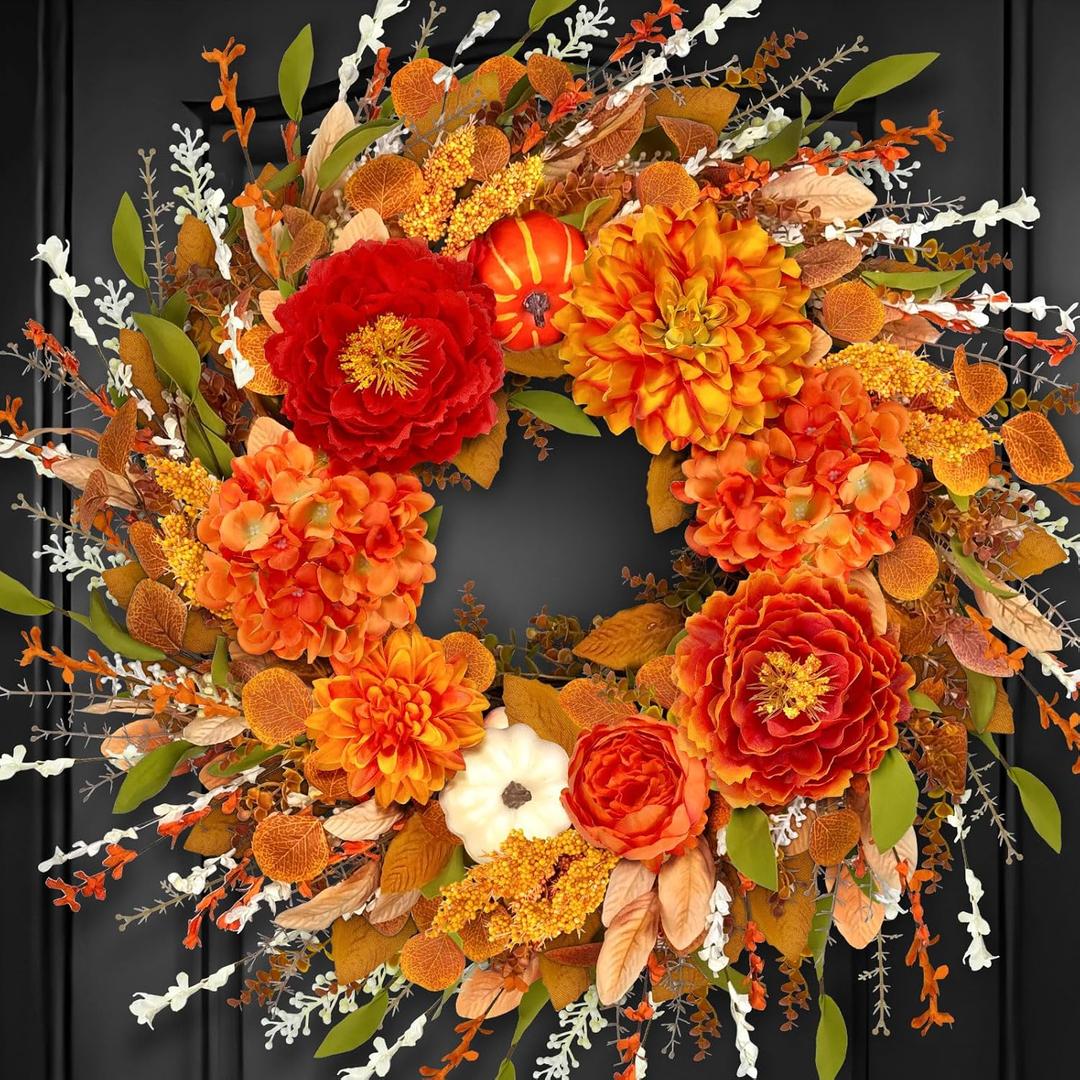 24-26Inch Fall Wreaths for Front Door,Pumpkin Wreath with Peonies Hydrangea,Large Autumn Wreath for Front Door Outside Indoors,Halloween Thanksgiving Farmhouse Fall Decorr