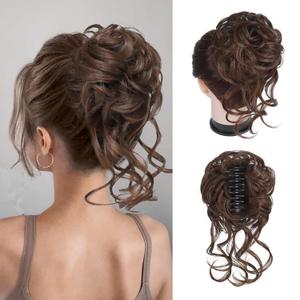 Messy Bun Hair Piece Claw Clip Bun Hair Accessories for Women Messy Wavy Curly Hair Bun Extensions Short Tousled Updo Synthetic Hair Bun Ponytail Extension(Medium chestnut Brown) (#8)