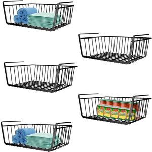 Hanging Under Shelf Storage Basket Kitchen Cabinet Organizer Storage, Slides Under Wire Shelves for Counter Pantry Desk Bookshelf,Black (5 PCS-B)