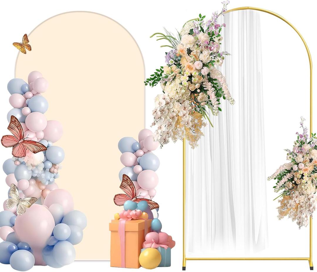 Metal Arch Backdrop Stand and Cover Set, 6.6FT Beige Reusable Spandex Fitted Backdrop Cover and Gold Wedding Arch Frame for Baby Shower, Birthday, Parties Decoration