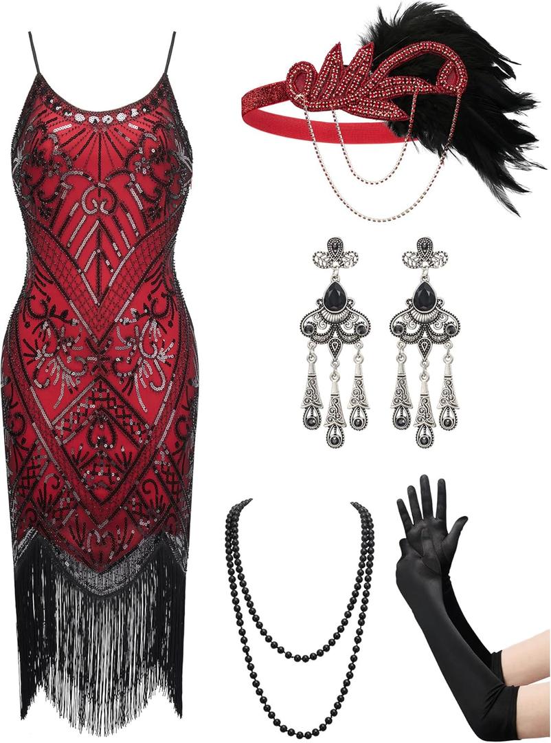 YESSA Women's Flapper Dresses 1920s,Great Gatsby Dresses Sequin Fringe Cocktail Dress Roaring 20s Dress for Harlem Nights (Medium, Red)