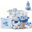 25-Pcs Luxury Baby Boy Gift Basket Set, Blue (0-12M Newborn) | Premium Baby Shower Gifts with Keepsake Memory Book. Ultimate Newborn Essentials in Woven Basket for Unforgettable Welcome Mom Gift
