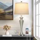 Ruzectt 30" Table Lamp, 3-Way Dimmable Touch Bedside Lamp with USB A+C Ports and AC Outlet, Tall Living Room Lamps for Side Table, Modern Brushed Nickel Bedroom Lamps for Nightstand, Silver-1PK