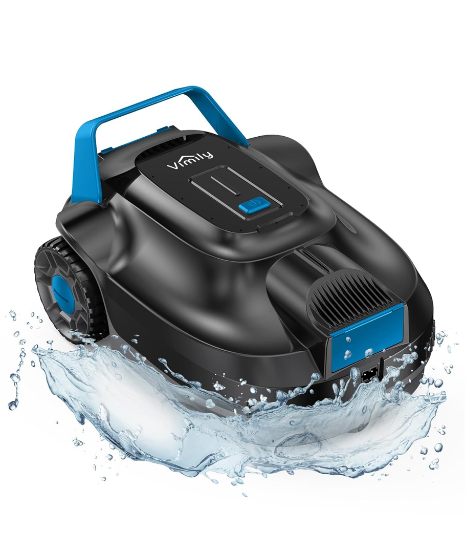 Vimily Robotic Pool Vacuum, Cordless Robotic Pool Cleaner, 5000 mAh Lasts Up to 120 Mins, Ideal for Above Ground Pools, Self-Parking, LED Indicator, Efficient Leaf and Debris Removal