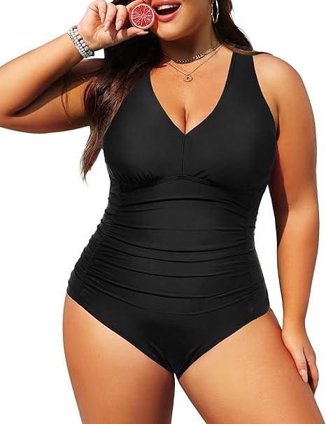 Aqua Eve Women Plus Size One Piece Swimsuits V Neck Tummy Control Bathing Suits Retro Ruched Swimwear Black 22W