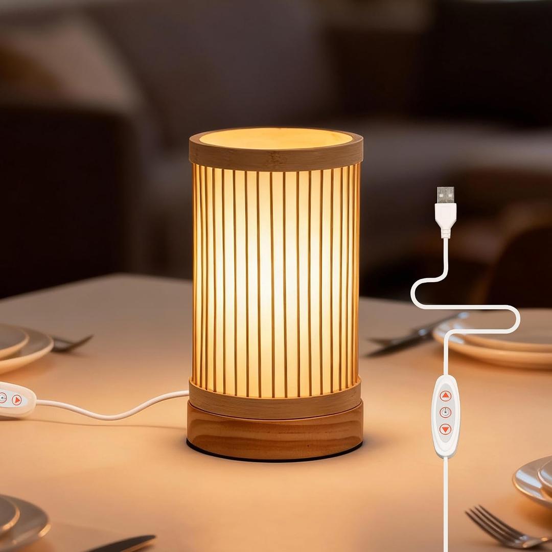 LUSHARBOR Bamboo Table Lamp, Small Boho Rattan Lamp Decorative with Dimmable Light, Woven Bedside Lamp for Bedroom, Cozy Nightstand Desk Lamps for Cafe/Entryway/Tabletop/Shelf Decor