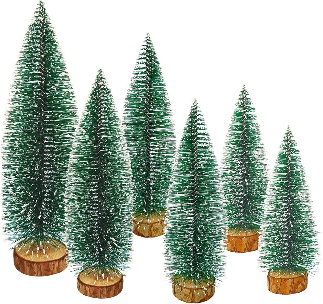6 Pcs Mini Christmas Trees Bottle Brush Trees, Miniature Pine Christmas Tree Tabletop Mini Snow Frost Trees with Wooden Base for Christmas Holiday Decorations