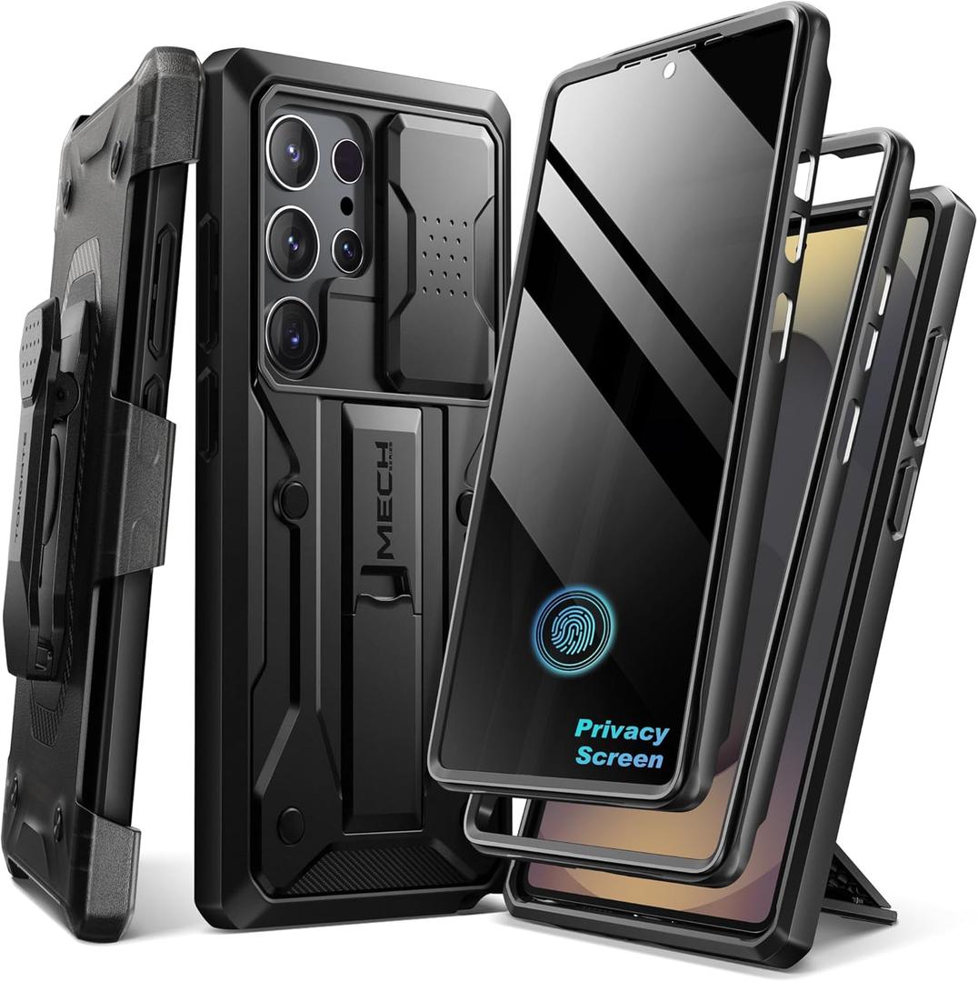 TONGATE for Samsung Galaxy S24 Ultra Case, [with Privacy Screen Protector & Slide Camera Cover] [2 Front Frames] FullBody Heavy Duty S24 Ultra Case with Stand & Belt Clip Holster, Black Privacy 6.8"