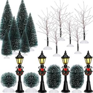20 Pieces Mini Christmas Tree Snow Covered Branch Village Tree Artificial Christmas Village Displays Tree with Christmas Lamp Post Lantern for Christmas Winter House Holiday Decor