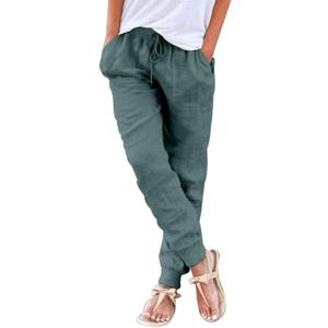Puimentiua Womens Tapered Pants Cotton Linen Drawstring Back Elastic Waist Pants Casual Trousers with Pockets (X-Large, Green2)