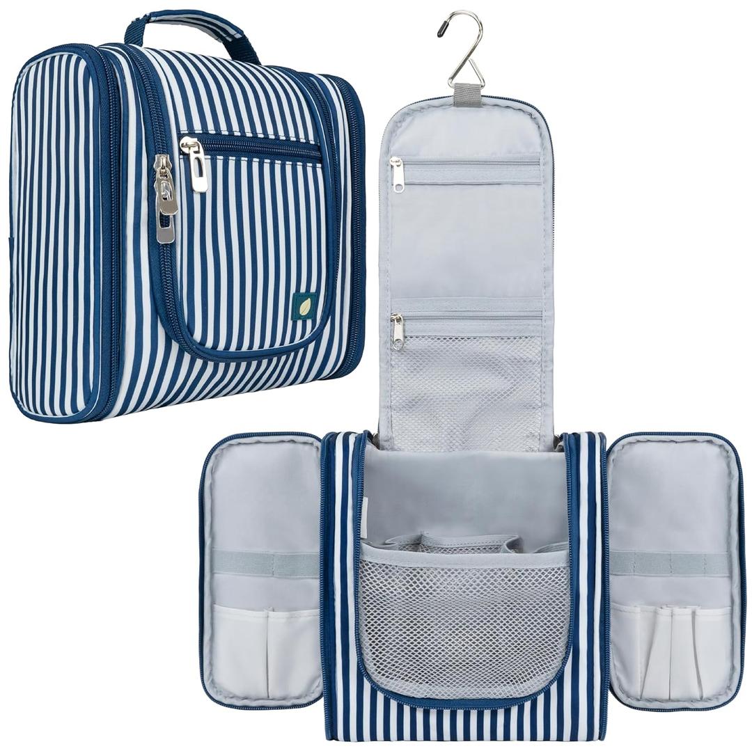 PAVILIA Toiletry Bag Travel Bag for Women Men, Hanging Cosmetic Organizer, Water Resistant Makeup Bag for Accessories Toiletries, Large Travel Essentials Kit (Stripe Navy) (Standard (9x4x9))