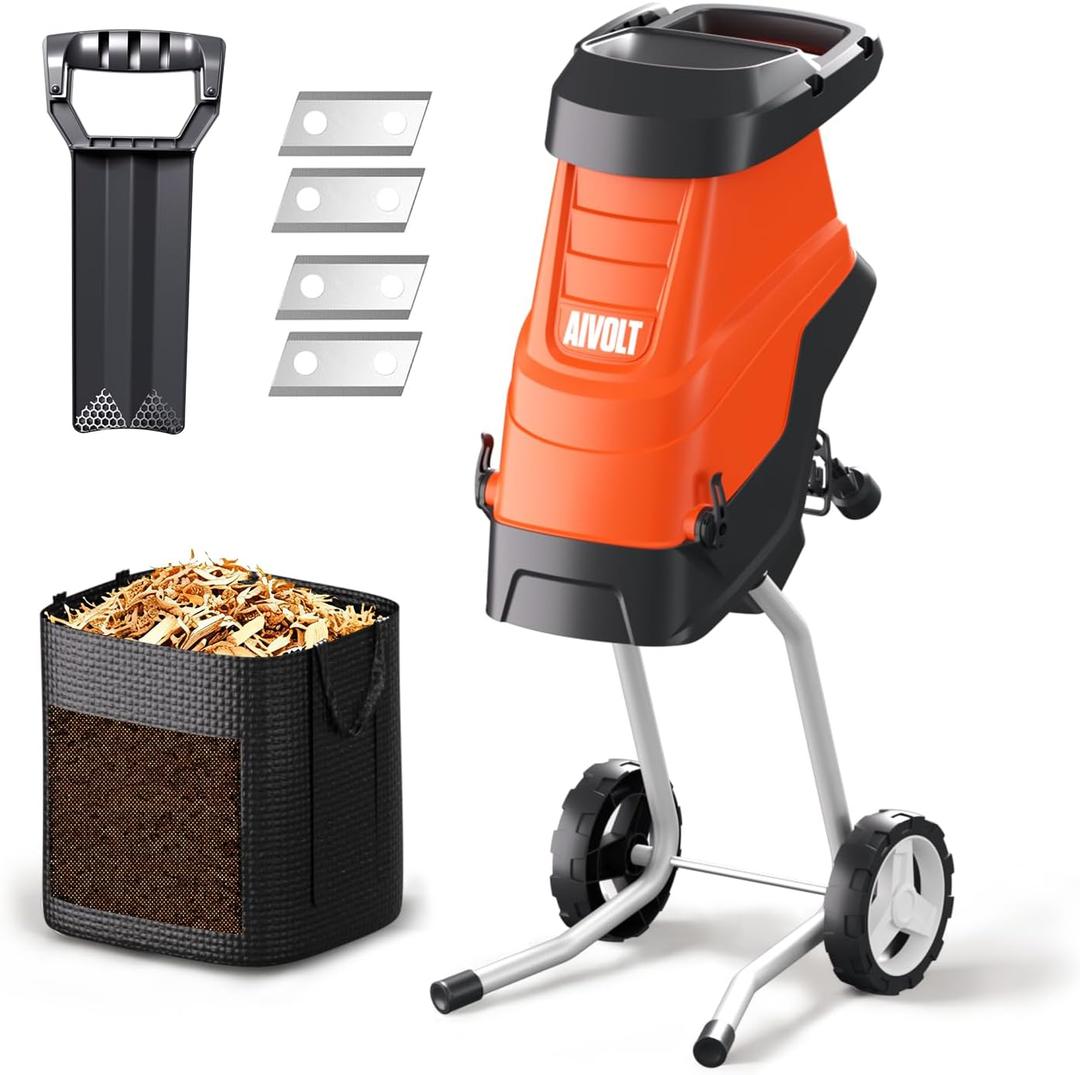 AIVOLT Electric Wood Chipper, 15-Amp Chipper Shredder, 1.8" Cutting Capacity, 12 Gal Anti-Blowout Bag, 2 Extra SK5 Blades, 18:1 Mulching Ratio for Yard Waste, Composting & Garden