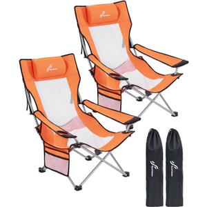 Sportneer Beach Chair: Adjustable Folding Chair with Cup Holder & Side Pocket - Portable & Compact Beach Chairs for Adults with Reclining Positions for Camping Picnic and Outdoor, Orange 2 Pack