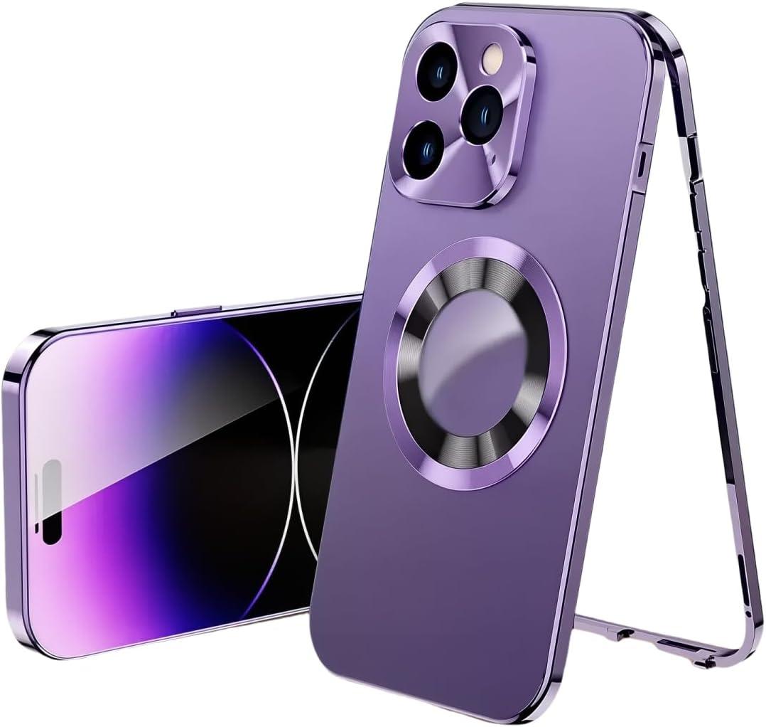 Magnetic Metal Edge Full Body Military Drop Protection for iPhone 15 Pro Case,Compatible with MagSafe,Rugged Built-in Privacy Screen Protector Logo View Shockproof Cover,Purple