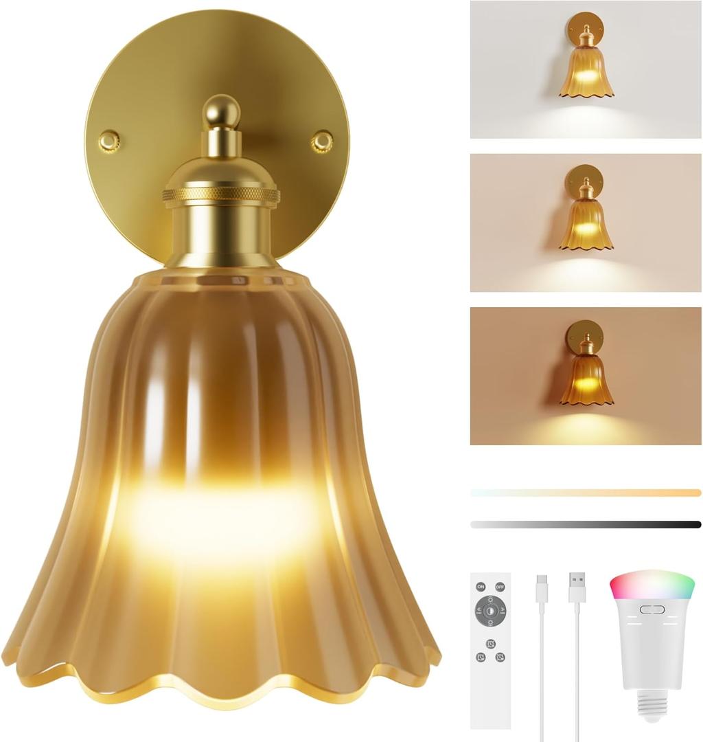 FULEN Vintage Battery Operated Wall Sconce with Amber Tulip Glass Lampshade Wireless 10000mAh Rechargeable Battery Powered Wall Light with Remote Control for Bedside Bedroom Livingroom Doorway