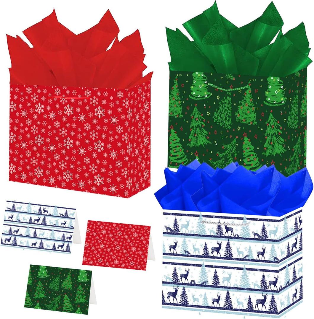 jabberwpacking 6 Pack Large Christmas Gift Bags with Tissue Paper and Card 12.6" Gift Bag for Wrapping Xmas Holiday Presents