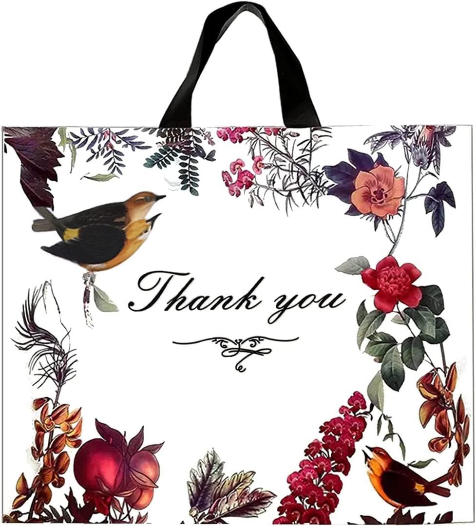 WAKAKO 60 Pack Thank You Bags for Business, Reusable Plastic Shopping Retail Gift Bags with Loop Handle, Retail Boutique Merchandise Use Eco-Friendly Floral (18" W x 16" H)