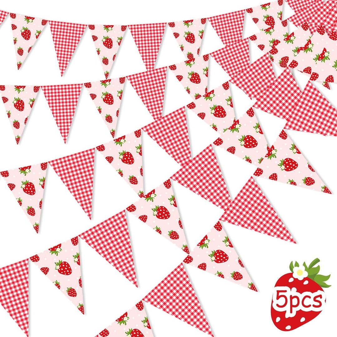 JOYMEMO 5 Pieces Strawberry Pennant Banners - Pre-Strung Strawberry Single Sided Paper Triangle Flag, Strawberry Party Decorations for Girls, Berry Themed Birthday Party Baby Shower Supplies
