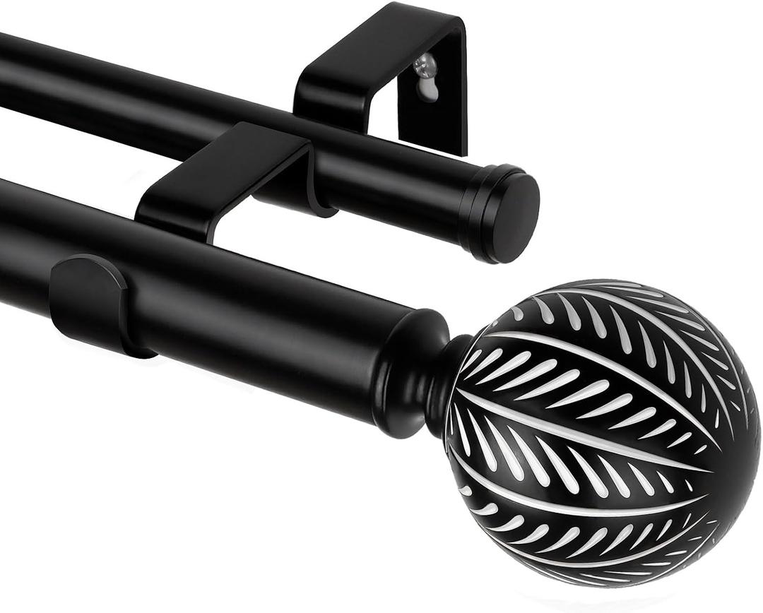 KAMANINA 1 Inch Wood Double Curtain Rods for Windows 72 to 144 Inches (6-12 Feet), Heavy Duty Decorative Drapery Rods 66 to 120 inch, Black Leaf Pattern Finials
