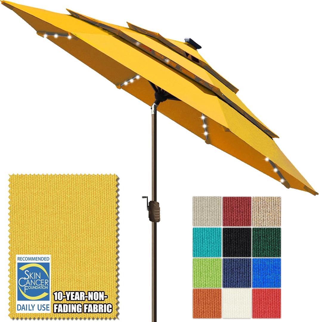 EliteShade USA 10-Year-Non-Fading 10ft 3-Tier Market Patio Umbrella, Commercial Table Umbrella with 80 Solar LED Lights, Crank Open, Windproof & UPF 50+ UV Protection for Garden, Deck, Pool, Backyard, Sunflower Yellow