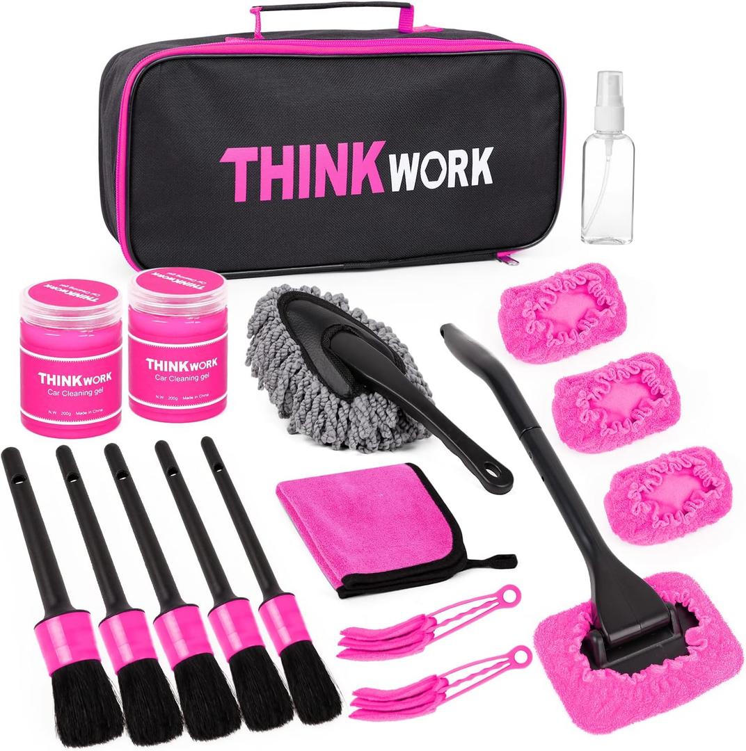 THINKWORK Pink Car Duster Interior Kit, Perfect Car Detailing Brush Kit for Cleaning Windows,Windshield,Dashboard and Air Vents Suitable for All Cars