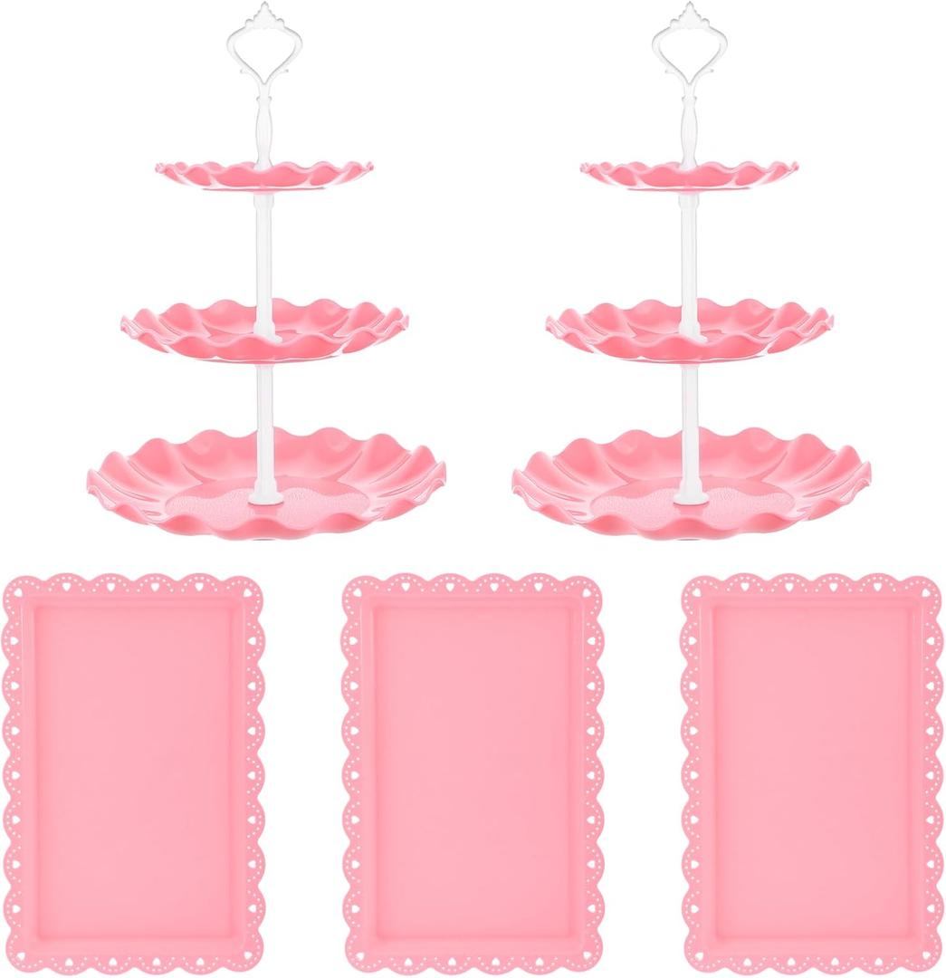 5 Pcs Dessert Stand Set, 2X Small 3 Tiers White Plastic Cupcake Stand Holder & 3X Rectangle Party Serving Trays/Platters for Wedding Birthday Baby Shower Tea Party Buffet (Pink)