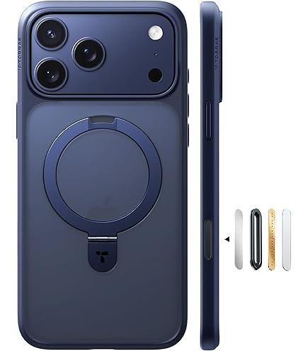 360° Magnetic Stand Case for iPhone 17 Pro/17 Pro Max, Magnetic Dual-Ring Rotating Stand Metal Lens Cover, Shockproof & Anti-Scratch (Blue,17 pro)