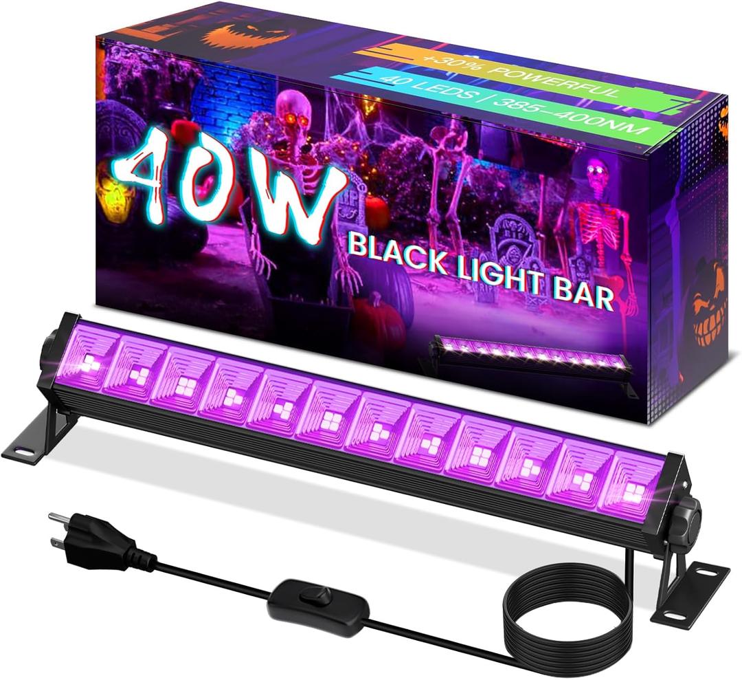 40W Black Light Bar, LED Blacklight with 6FT Cord & Switch, Black Lights for Glow Party, Halloween, Birthday, Body Paint, Bedroom, Classroom, Each Light Up 22x22ft, 1 Pack