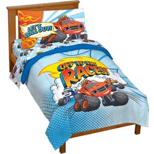 Jay Franco Blaze and The Monster Machines Off to The Races 4 Piece Toddler Size Bed Set Super Soft Microfiber Bed Set Includes Size Comforter & Sheet Set (Official Blaze Product)