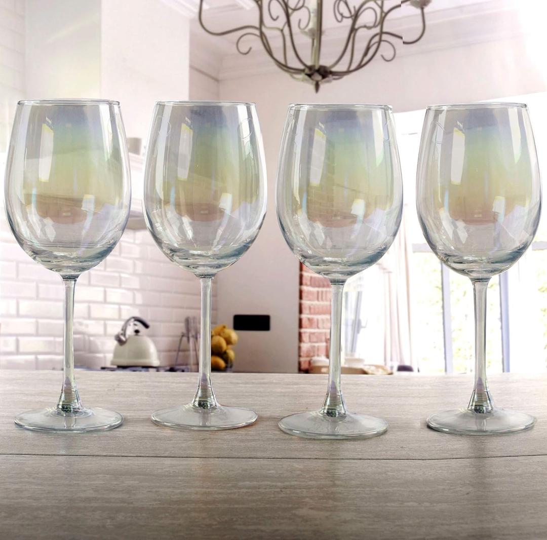 Circleware Radiance Wine Glasses, 4-Piece Glassware Set, Home Entertainment Party Dining Beverage Drinking Cups for Water, Liquor, Farmhouse Decor Gifts, 14.5 oz, White Pearl
